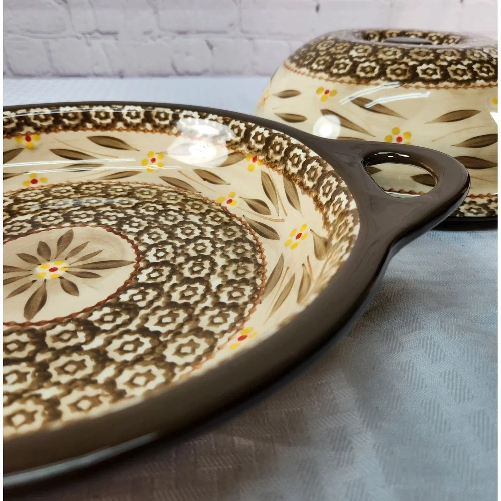 Set 2 Temptations By TARA Old World Brown Yellow Pie Dish & Lid / Serving Bowl